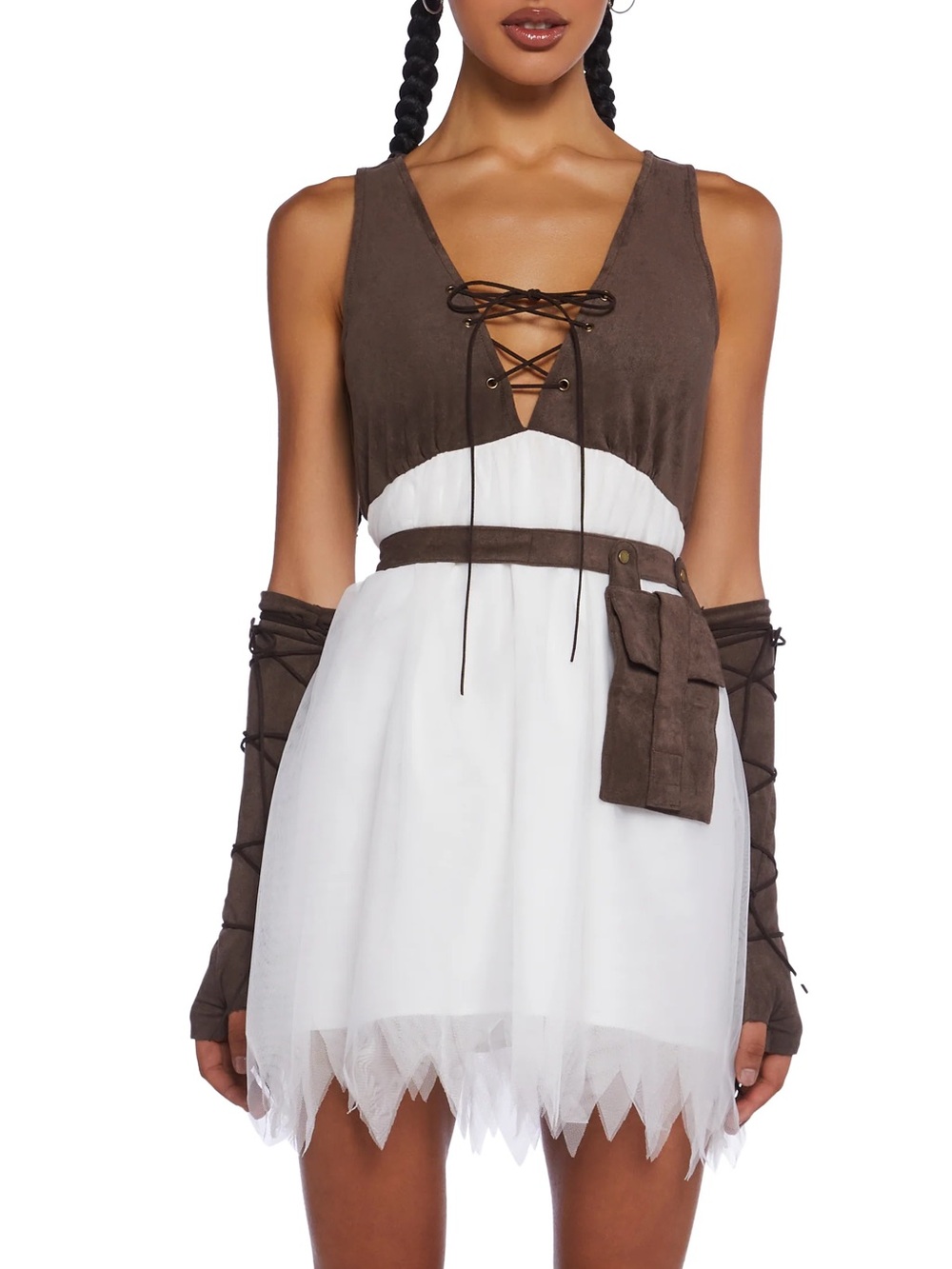 Dolls Kill Brown & White Lace-Up Casual Mini Dress with Belt Pouch Shrek costume